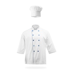 Image of Chef's uniform in air against white background. Toque and jacket