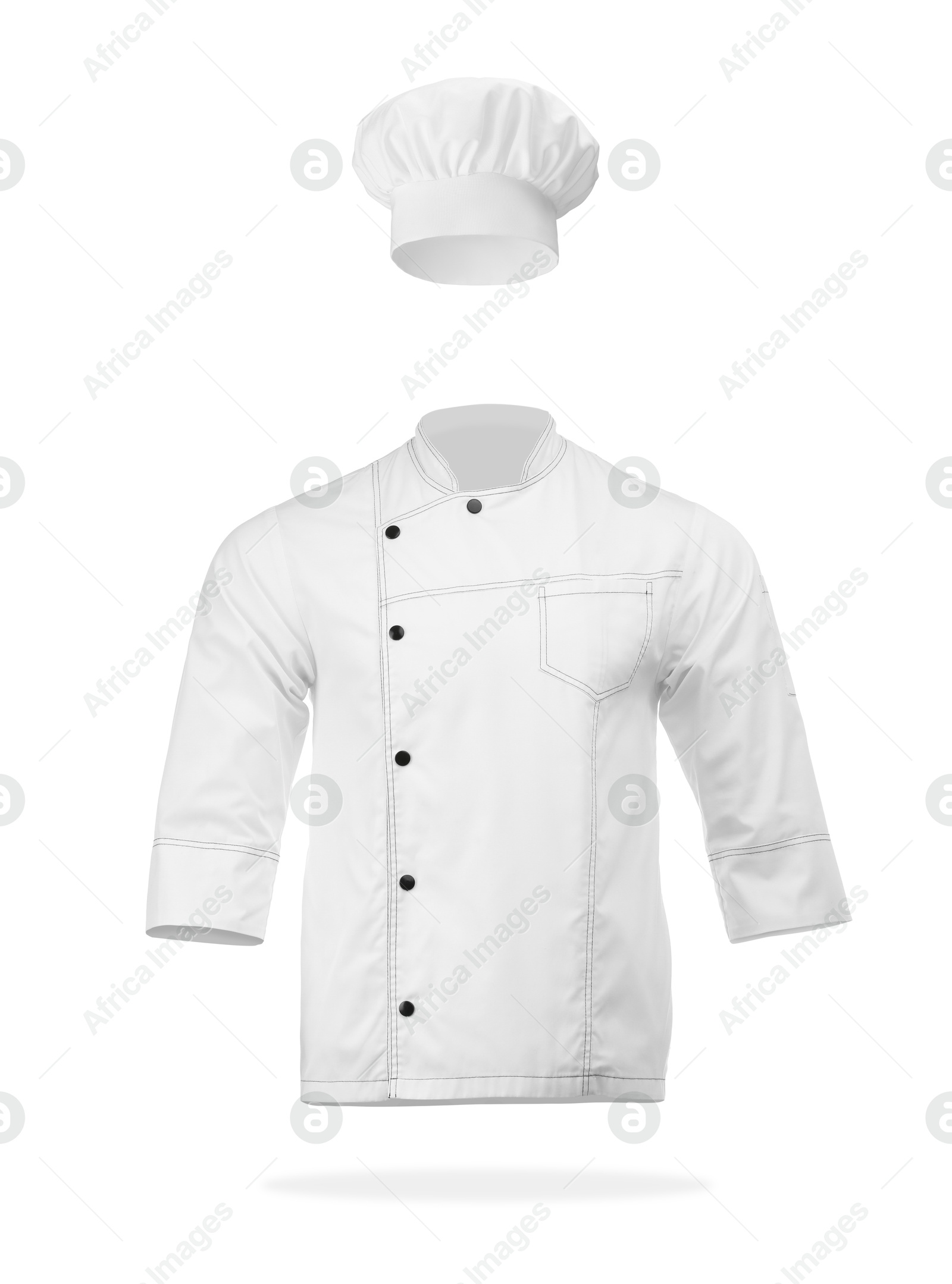 Image of Chef's uniform in air against white background. Toque and jacket