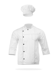 Image of Chef's uniform in air against white background. Toque and jacket