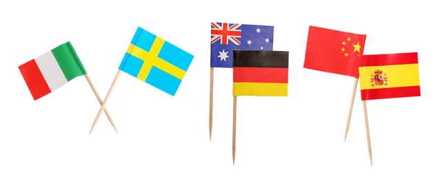 Image of Small paper flags of different countries isolated on white, set. Sweden, Italy, Australia, Germany, China and Spain