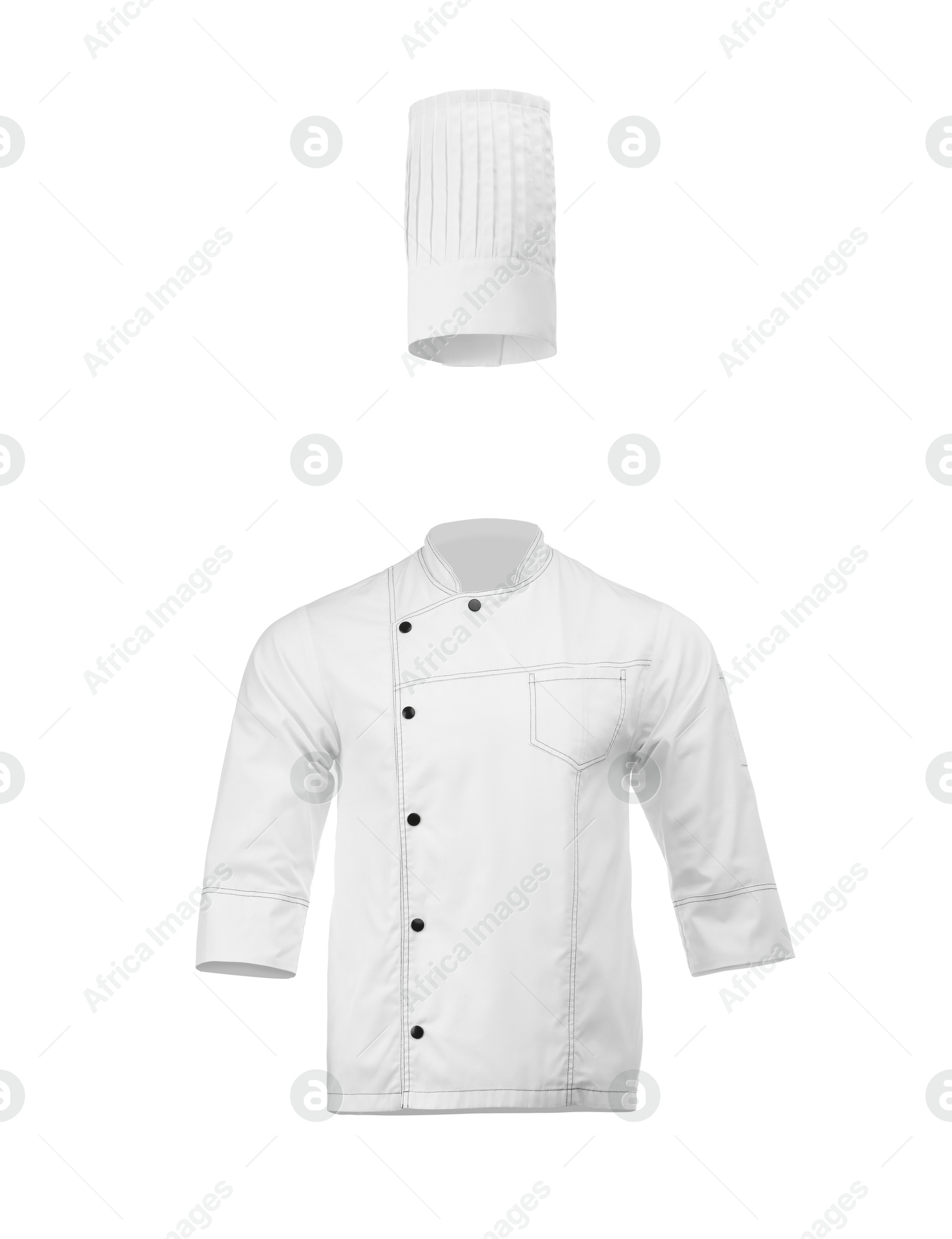Chef's uniform in air against white background. Toque and jacket Image of Chef's uniform in air against white background. Toque and jacket