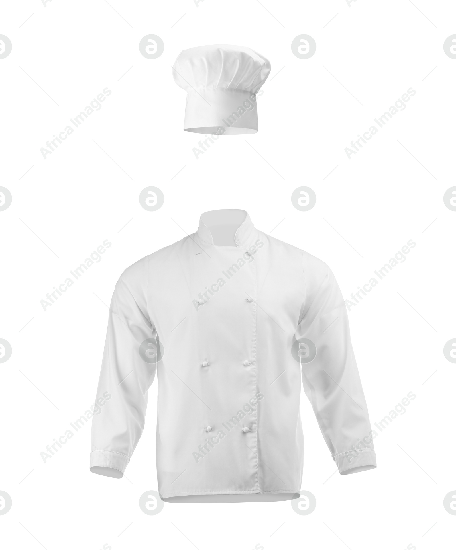 Chef's uniform in air against white background. Toque and jacket Image of Chef's uniform in air against white background. Toque and jacket