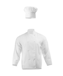 Image of Chef's uniform in air against white background. Toque and jacket