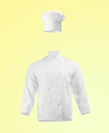 Image of Chef's uniform in air against yellow gradient background. Toque and jacket