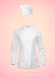 Image of Chef's uniform in air against pink gradient background. Toque and jacket