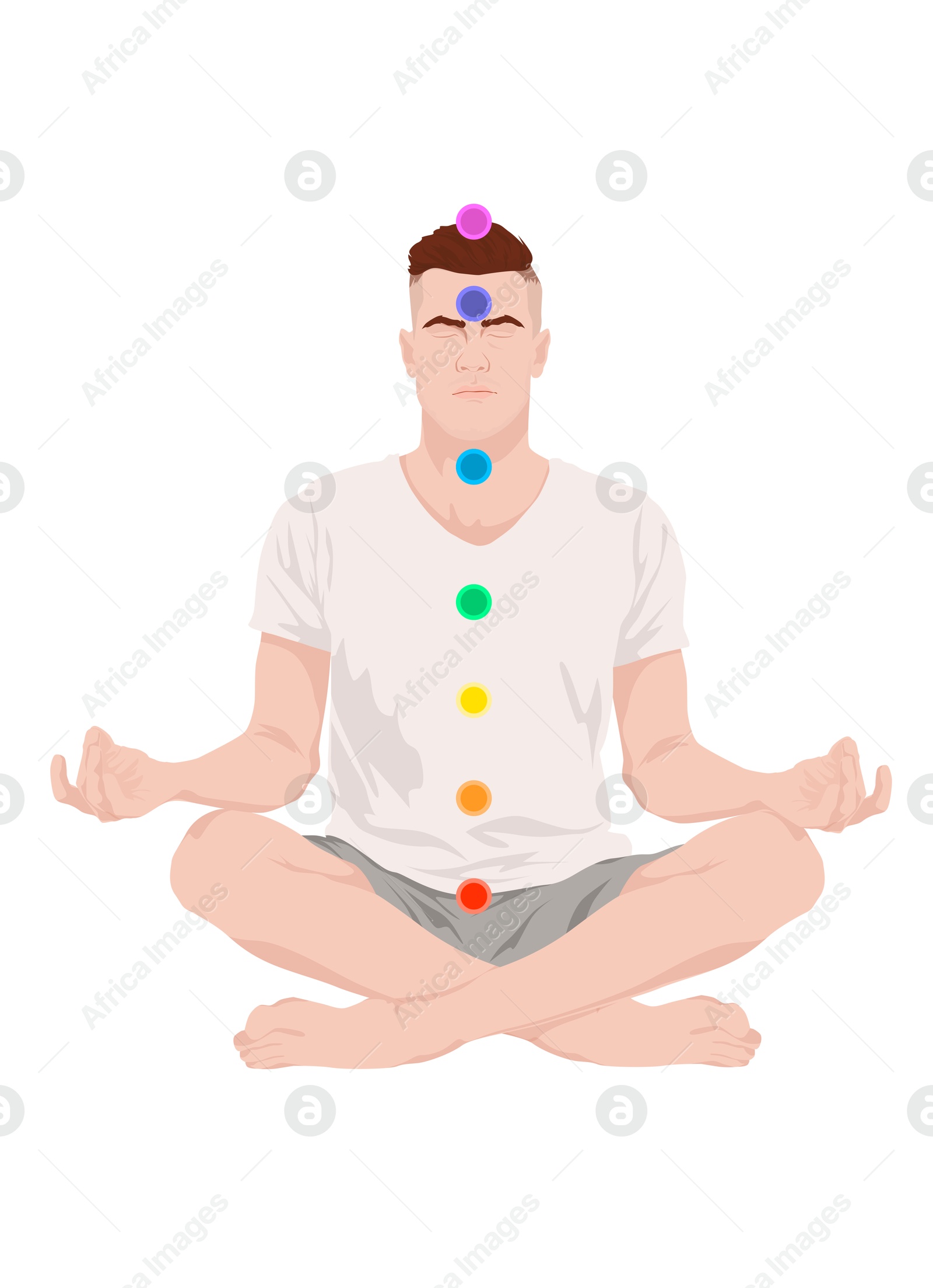 Chakras location in body. Man in Lotus position on white background, illustration Illustration of Chakras location in body. Man in Lotus position on white background, illustration