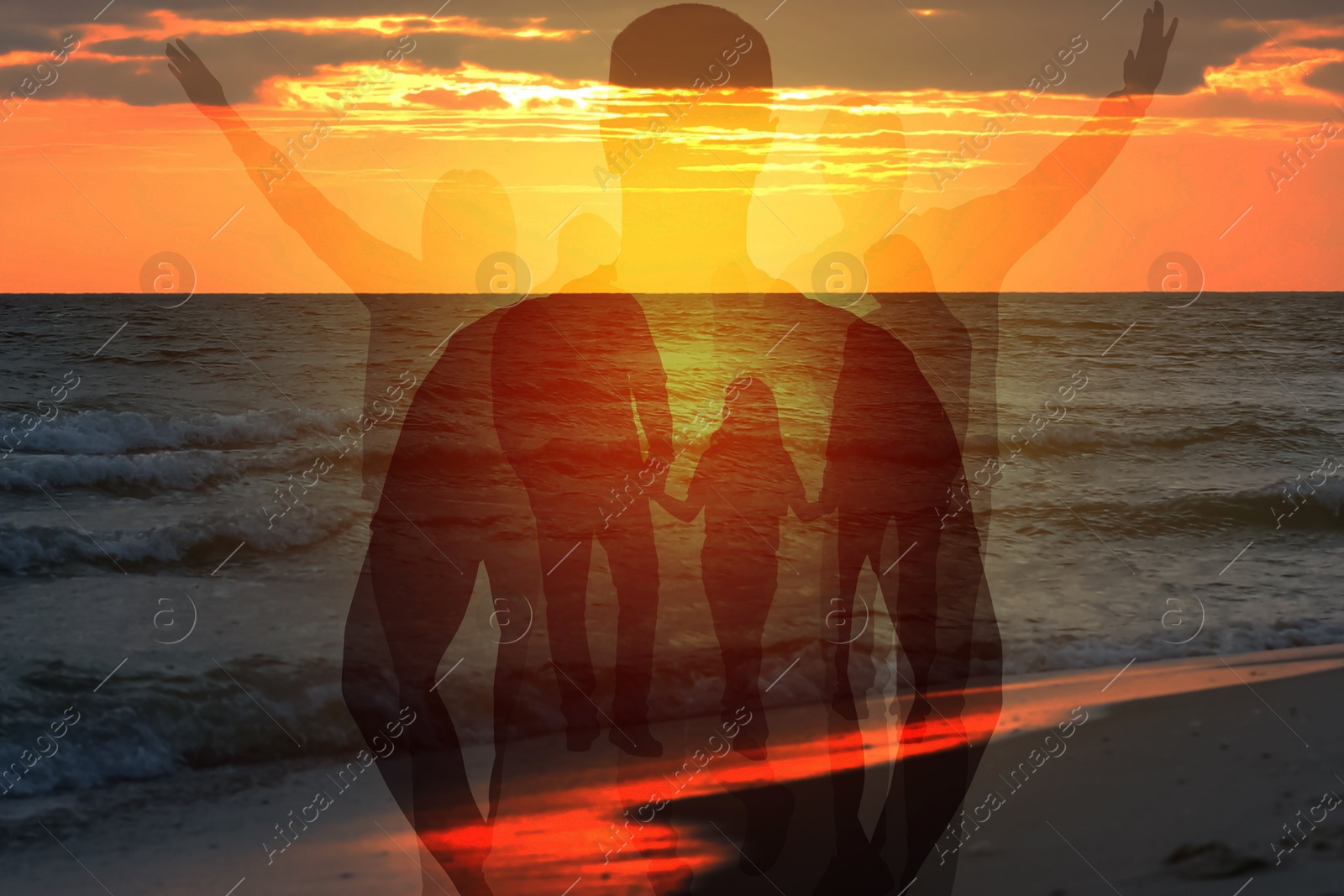 Hope. Silhouettes of people on beach at sunset, multiple exposure Image of Hope. Silhouettes of people on beach at sunset, multiple exposure