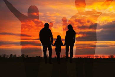 Image of Hope. Family silhouettes in nature at sunset, double exposure