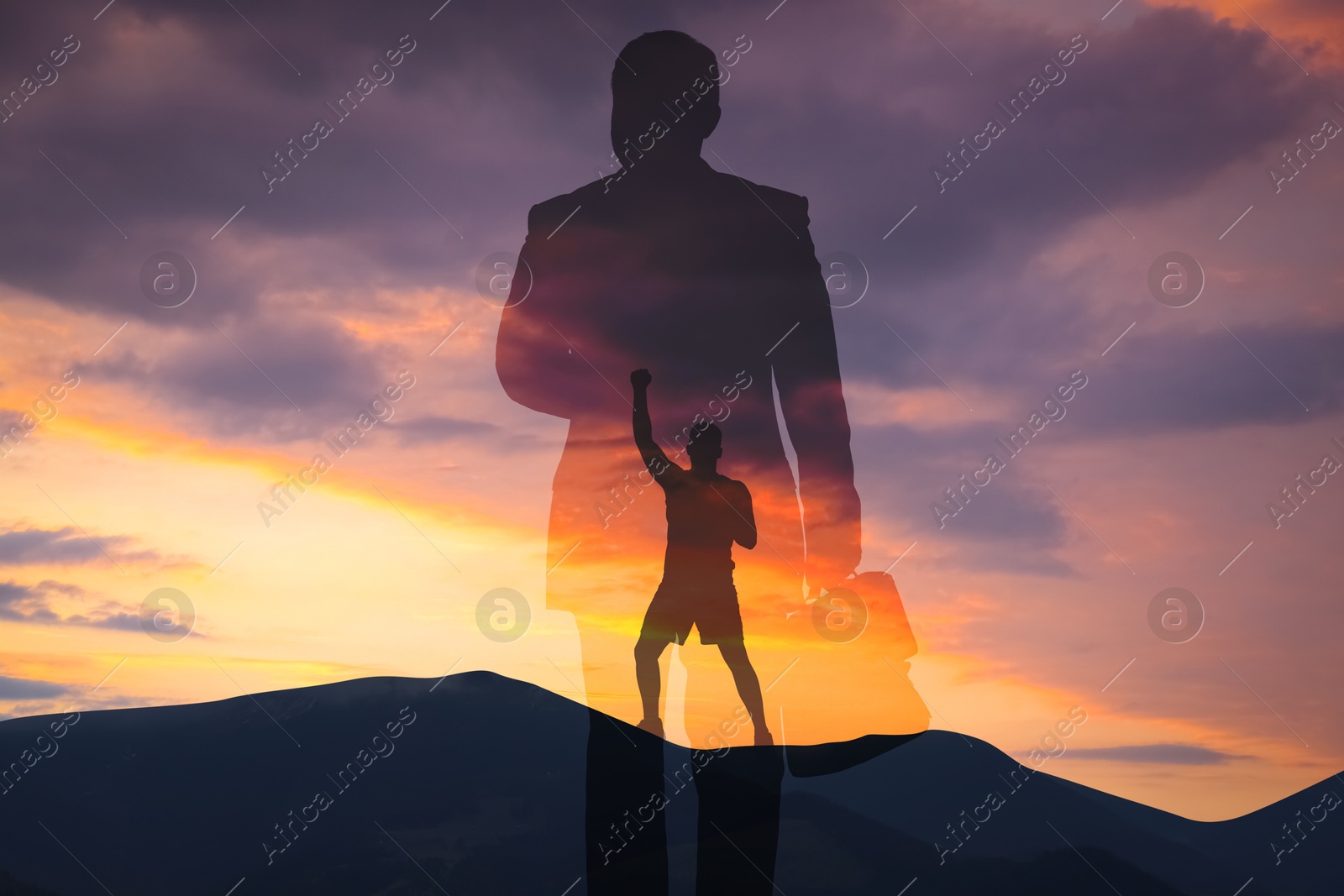 Hope. Silhouettes of man and winner on top of mountain at sunset, double exposure Image of Hope. Silhouettes of man and winner on top of mountain at sunset, double exposure