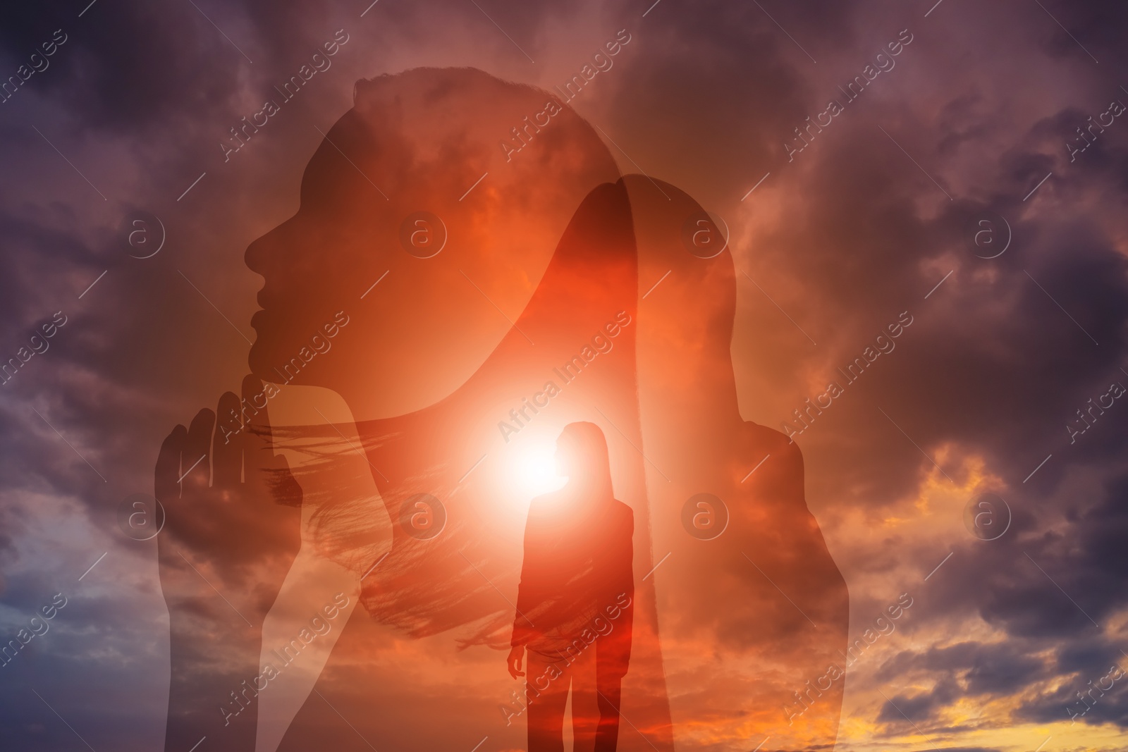 Hope. Silhouettes of woman under beautiful sky at sunset, double exposure Image of Hope. Silhouettes of woman under beautiful sky at sunset, double exposure