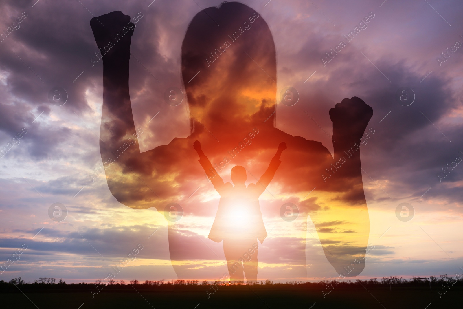 Hope. Silhouettes of woman under in nature at sunset, double exposure Image of Hope. Silhouettes of woman under in nature at sunset, double exposure