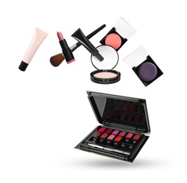 Image of Different makeup products in air against white background