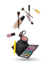 Image of Eyeshadow palette and other makeup products in air against white background