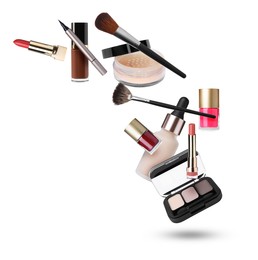 Image of Different makeup products in air against white background