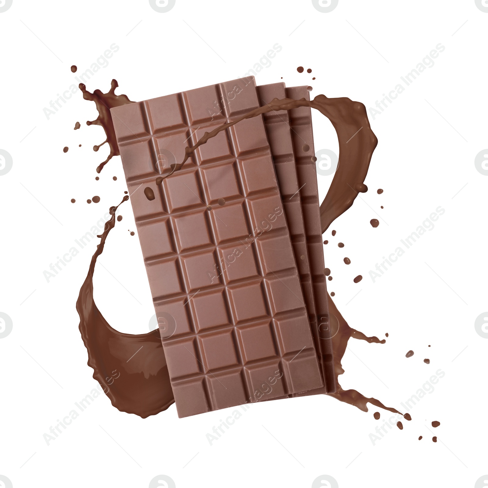 Image of Chocolate bars and cacao drink splash on white background