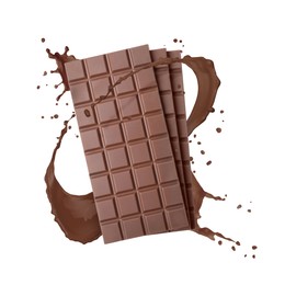 Image of Chocolate bars and cacao drink splash on white background
