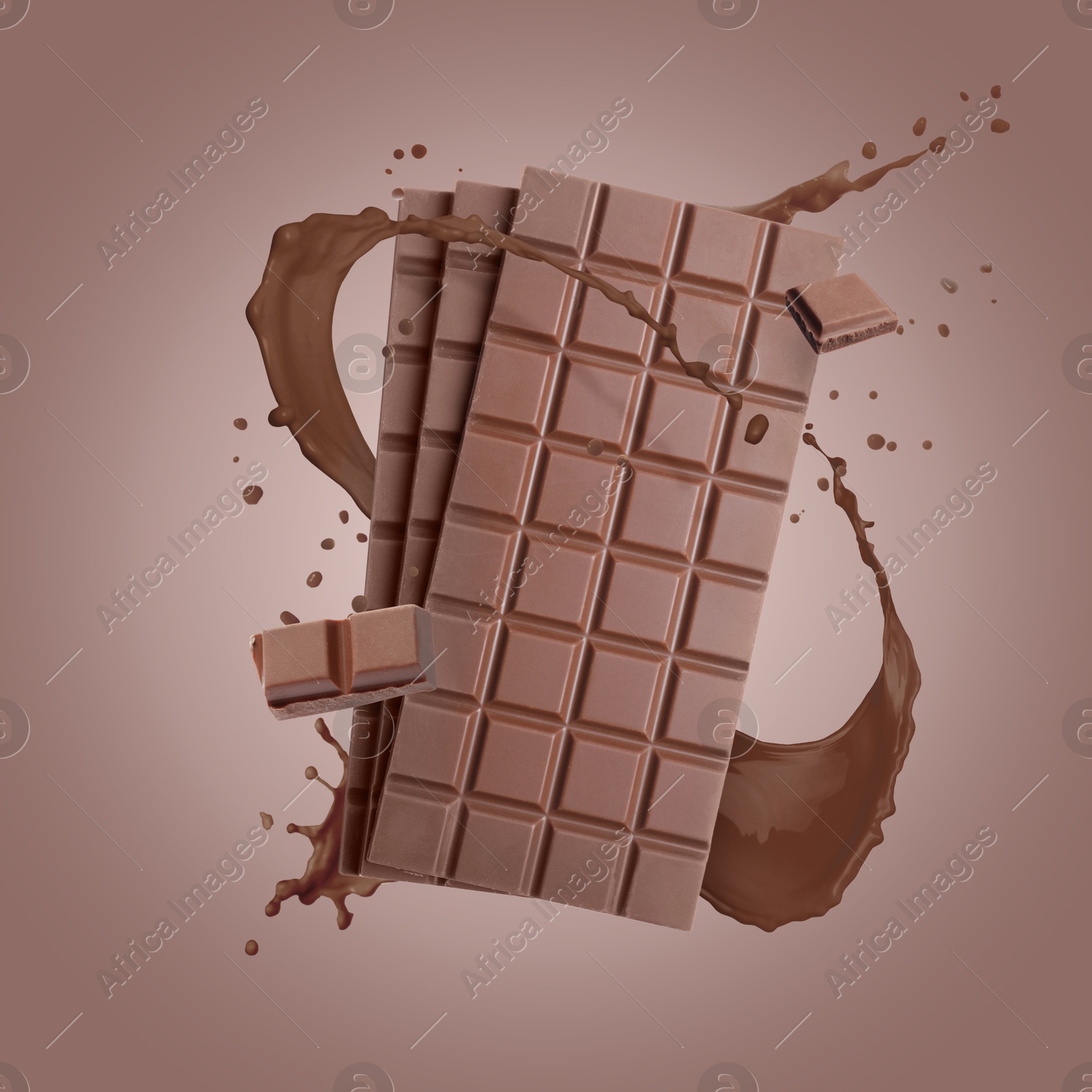 Image of Chocolate bars and cacao drink splash on brown background