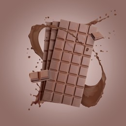 Image of Chocolate bars and cacao drink splash on brown background