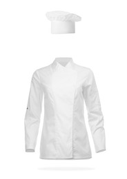 Image of Chef's uniform in air against white background. Toque and jacket