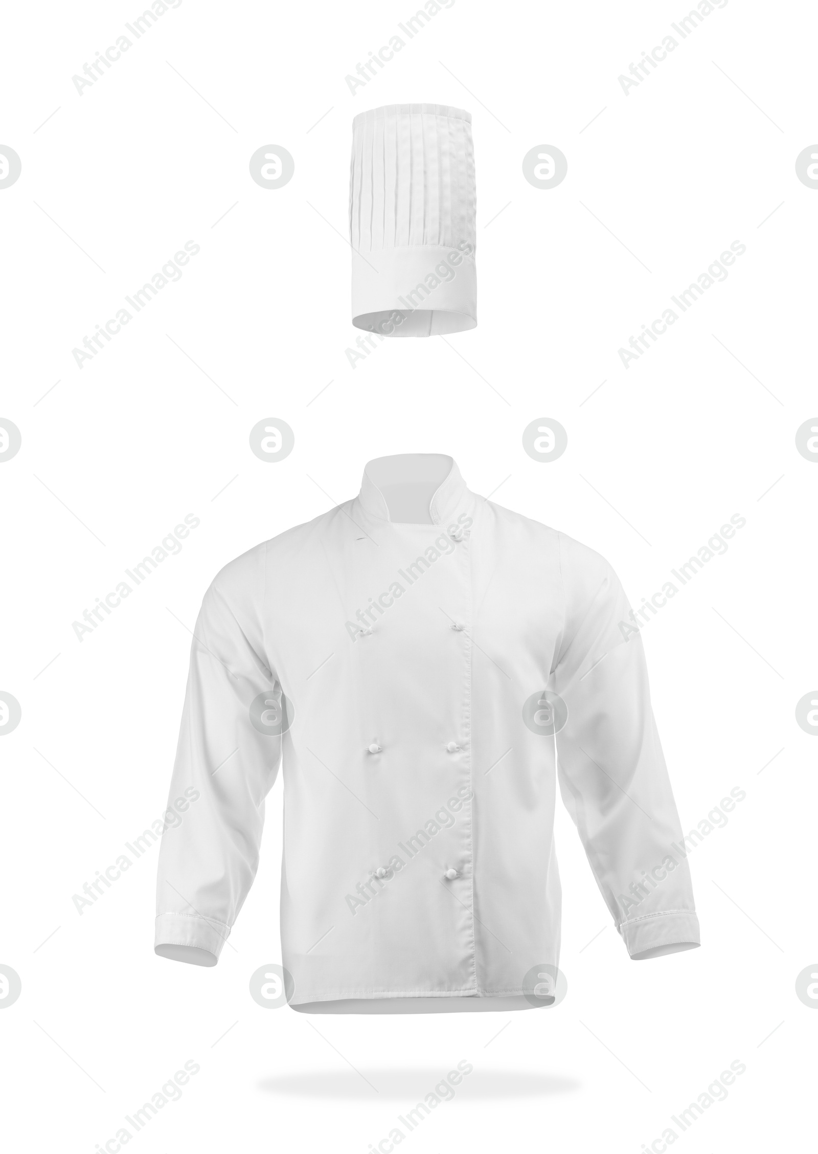 Image of Chef's uniform in air against white background. Toque and jacket