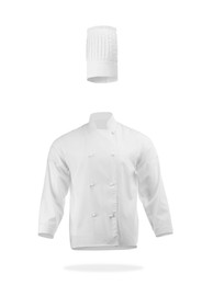 Image of Chef's uniform in air against white background. Toque and jacket