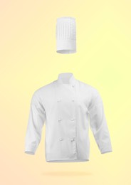 Image of Chef's uniform in air against yellow gradient background. Toque and jacket
