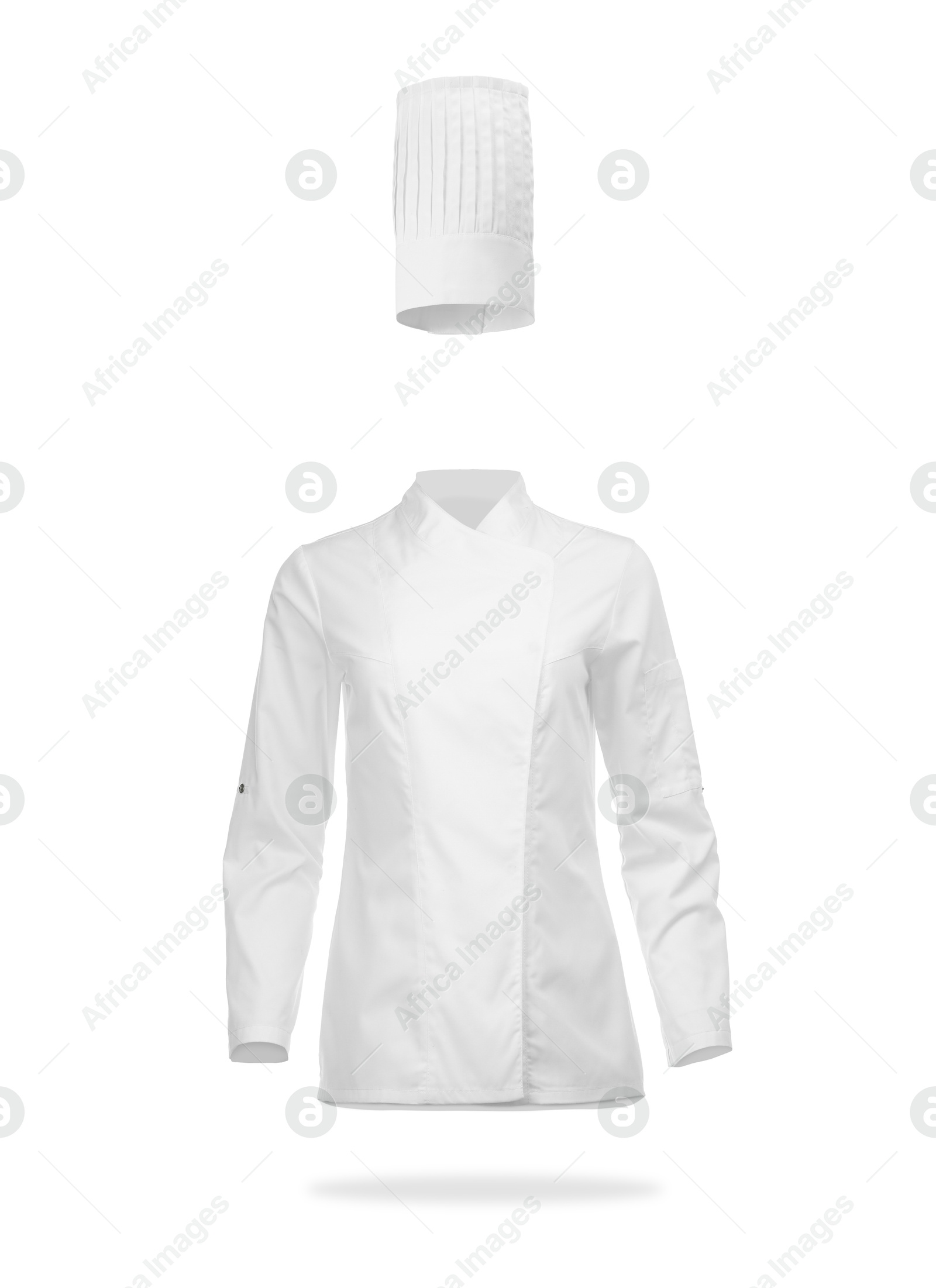 Chef's uniform in air against white background. Toque and jacket Image of Chef's uniform in air against white background. Toque and jacket