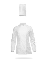 Image of Chef's uniform in air against white background. Toque and jacket