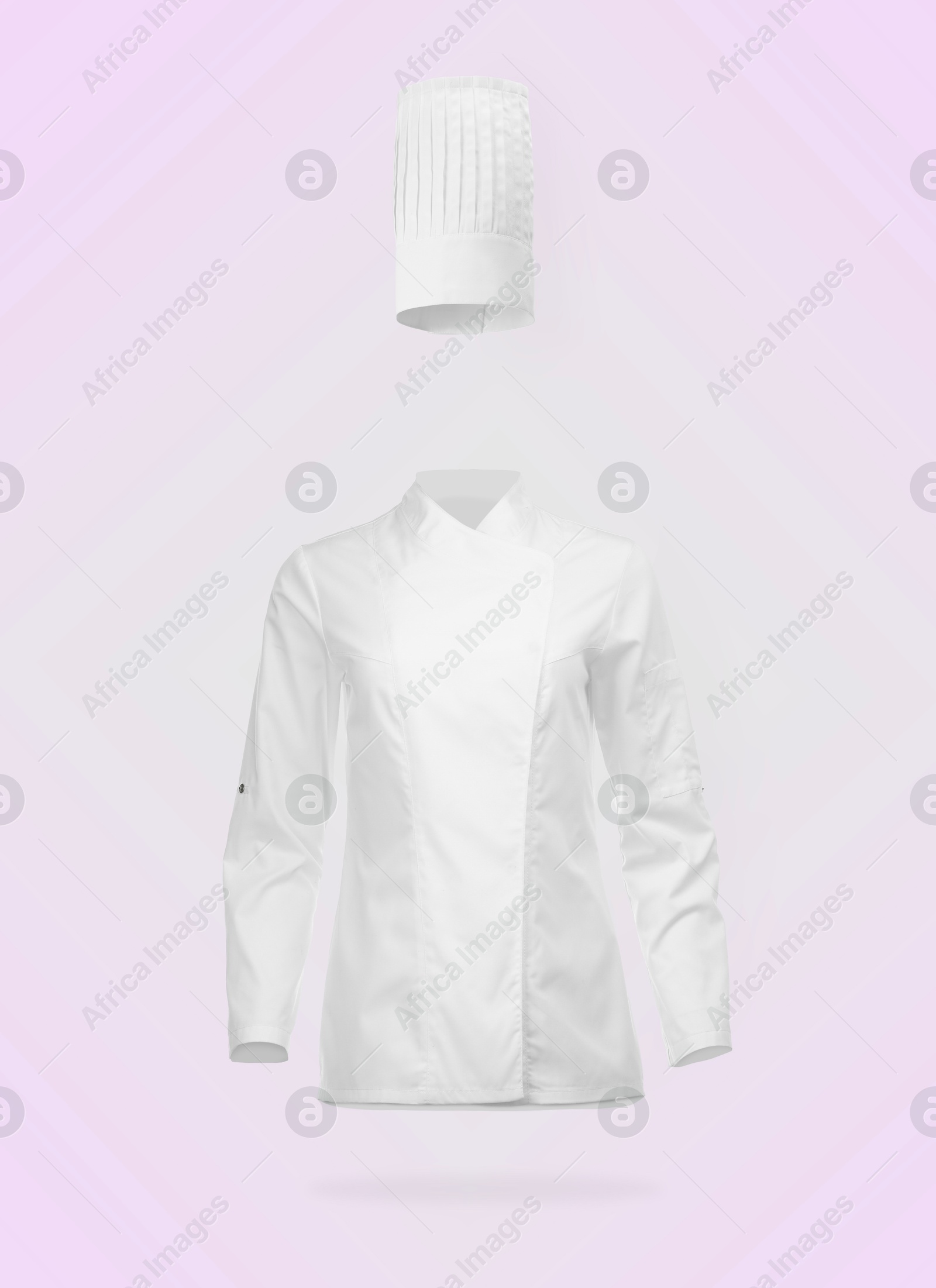 Image of Chef's uniform in air against light violet background. Toque and jacket