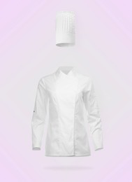 Image of Chef's uniform in air against light violet background. Toque and jacket