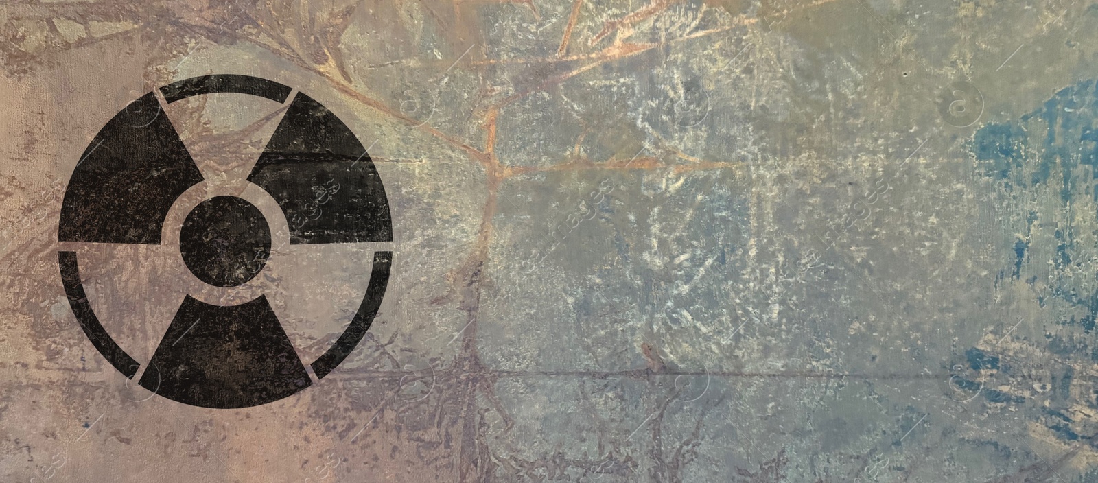 Image of Black radioactive sign on textured background, banner design. Radiological pollution