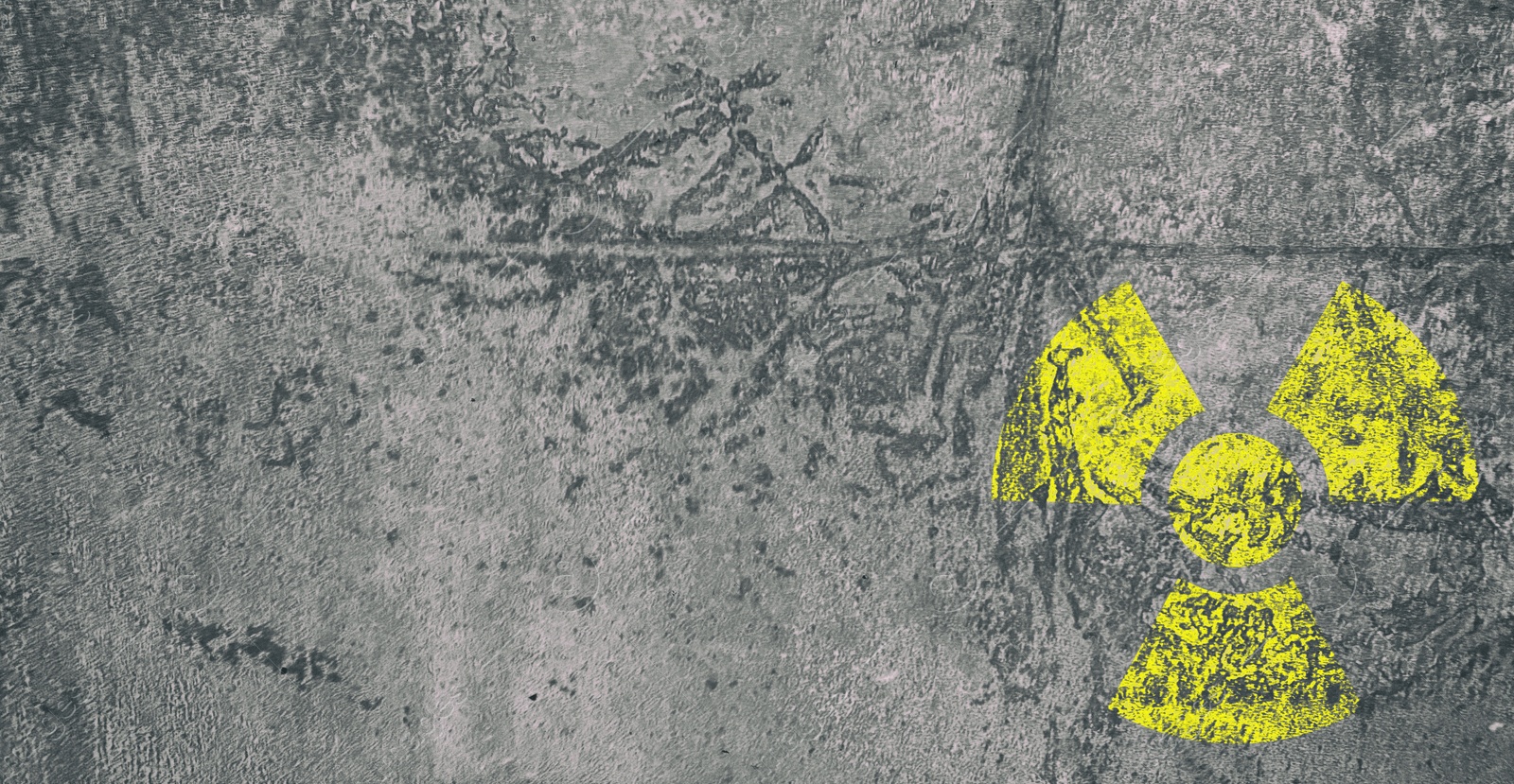 Image of Yellow radioactive sign on grey textured background, banner design. Radiological pollution
