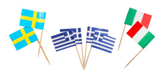 Image of Small paper flags of Sweden, Greece and Italy isolated on white, set