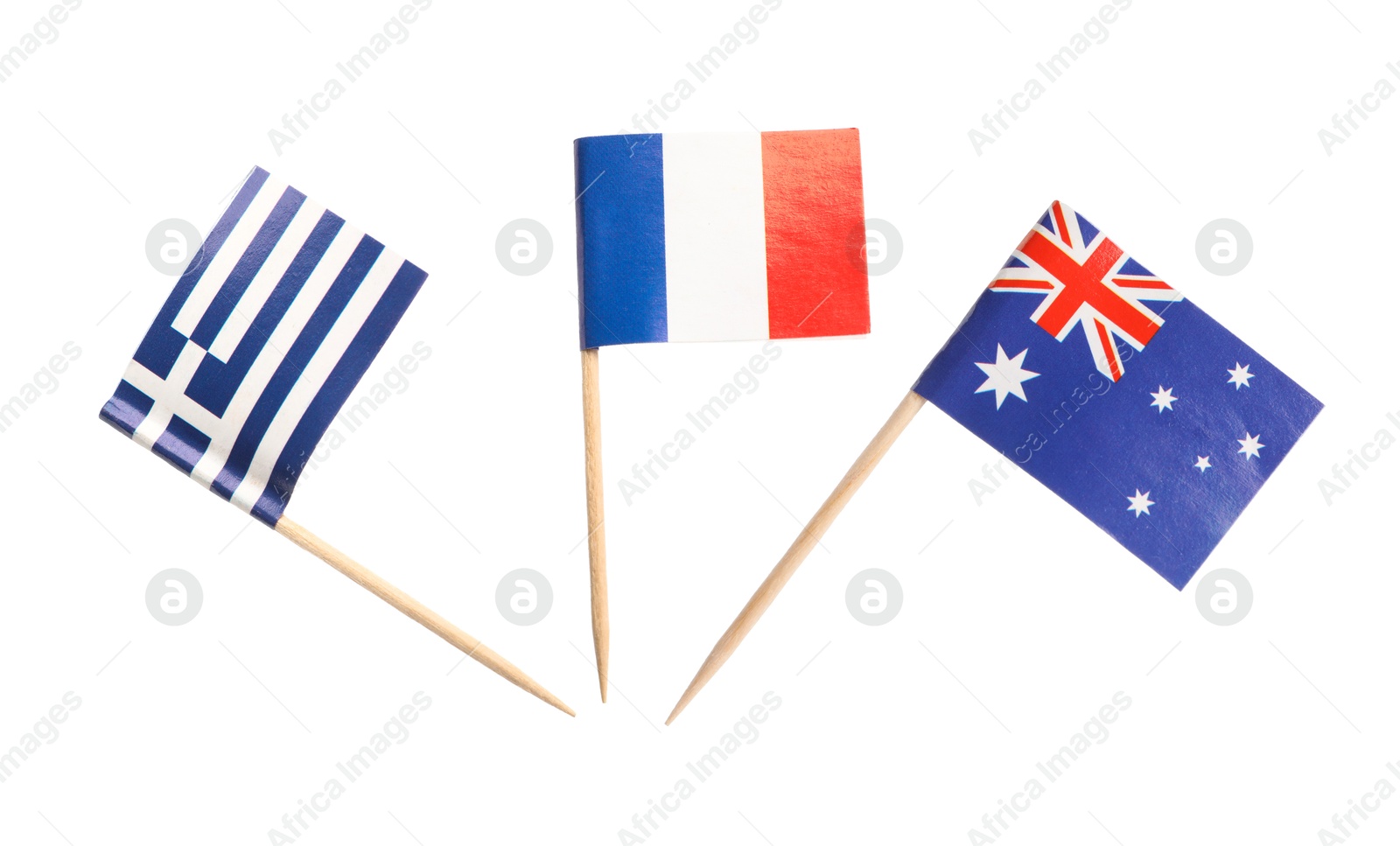 Small paper flags of Greece, France and Australia isolated on white, set Image of Small paper flags of Greece, France and Australia isolated on white, set
