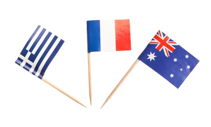 Image of Small paper flags of Greece, France and Australia isolated on white, set
