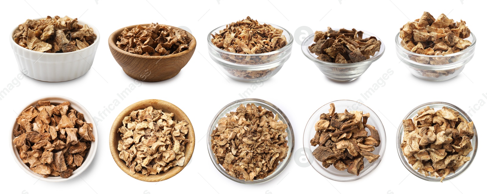 Image of Pieces of dry chicory root in bowls isolated on white, set. Top and side view