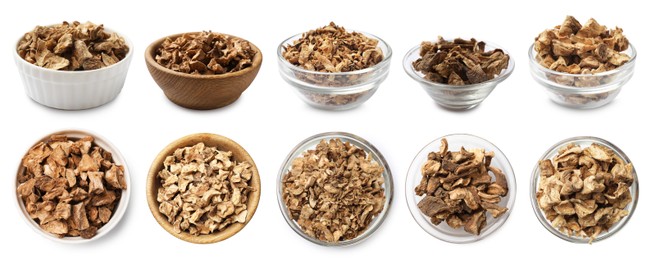 Image of Pieces of dry chicory root in bowls isolated on white, set. Top and side view