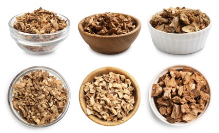 Image of Pieces of dry chicory root in bowls isolated on white, set. Top and side view