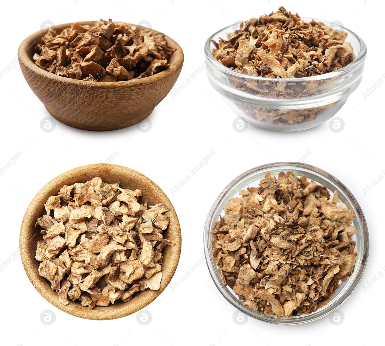 Image of Pieces of dry chicory root in bowls isolated on white, set. Top and side view