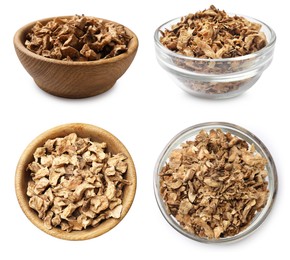 Image of Pieces of dry chicory root in bowls isolated on white, set. Top and side view