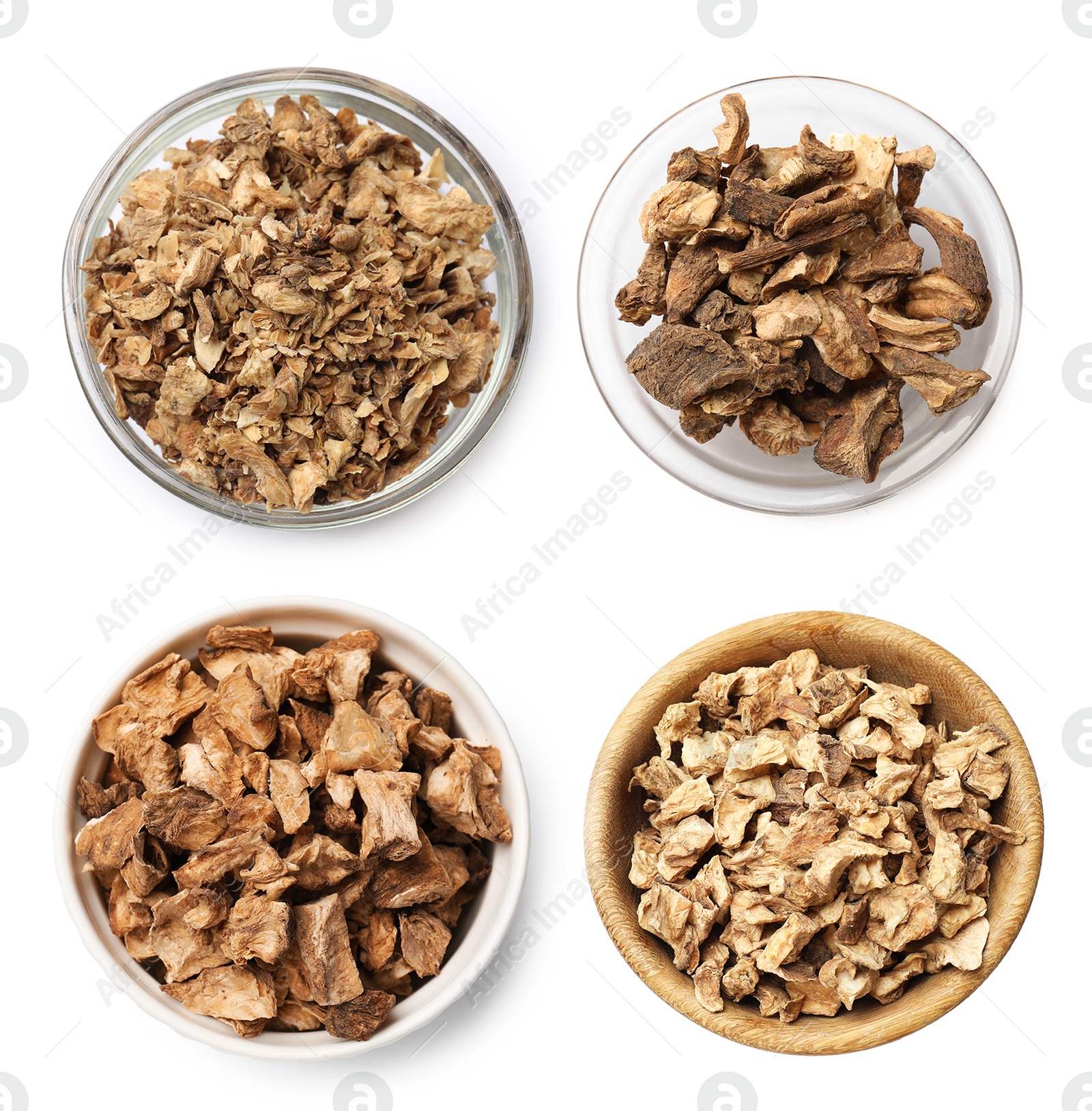 Image of Pieces of dry chicory root in bowls isolated on white, set. Top view