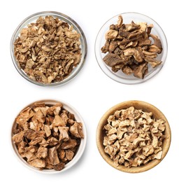 Image of Pieces of dry chicory root in bowls isolated on white, set. Top view