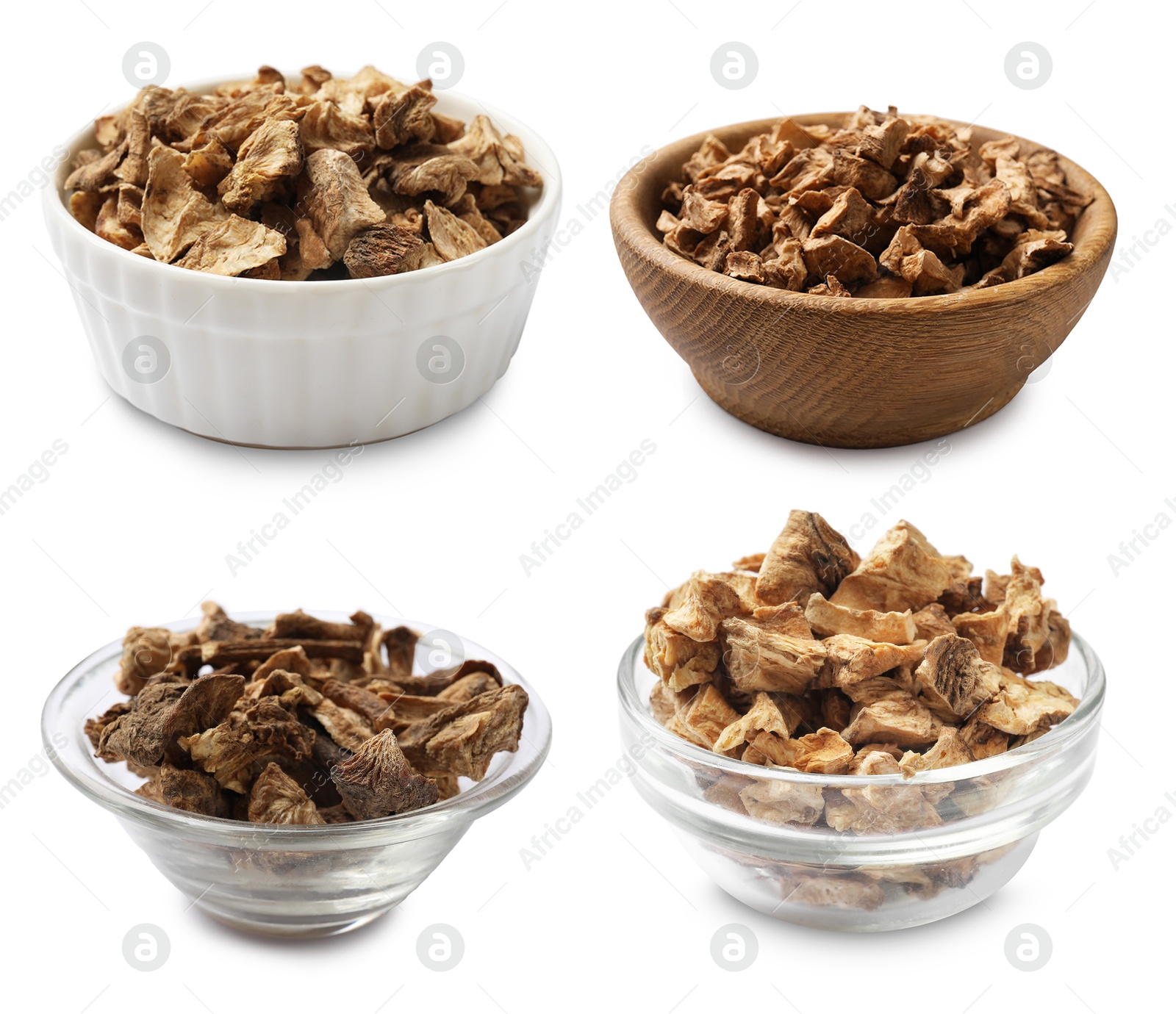 Image of Pieces of dry chicory root in bowls isolated on white, set
