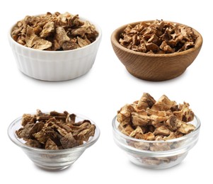 Image of Pieces of dry chicory root in bowls isolated on white, set