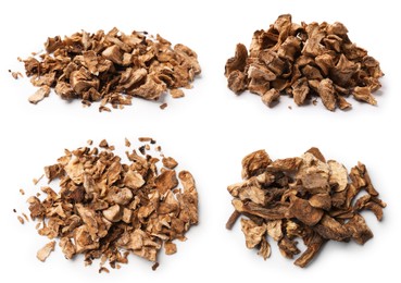 Image of Chicory. Dry pieces of root isolated on white, set. Top and side view