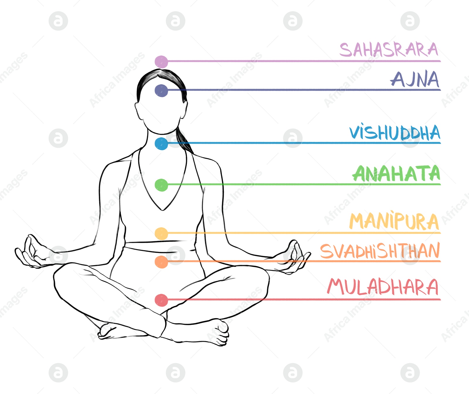 Chakras names and location in body. Silhouette of woman in Lotus position on white background, illustration Illustration of Chakras names and location in body. Silhouette of woman in Lotus position on white background, illustration