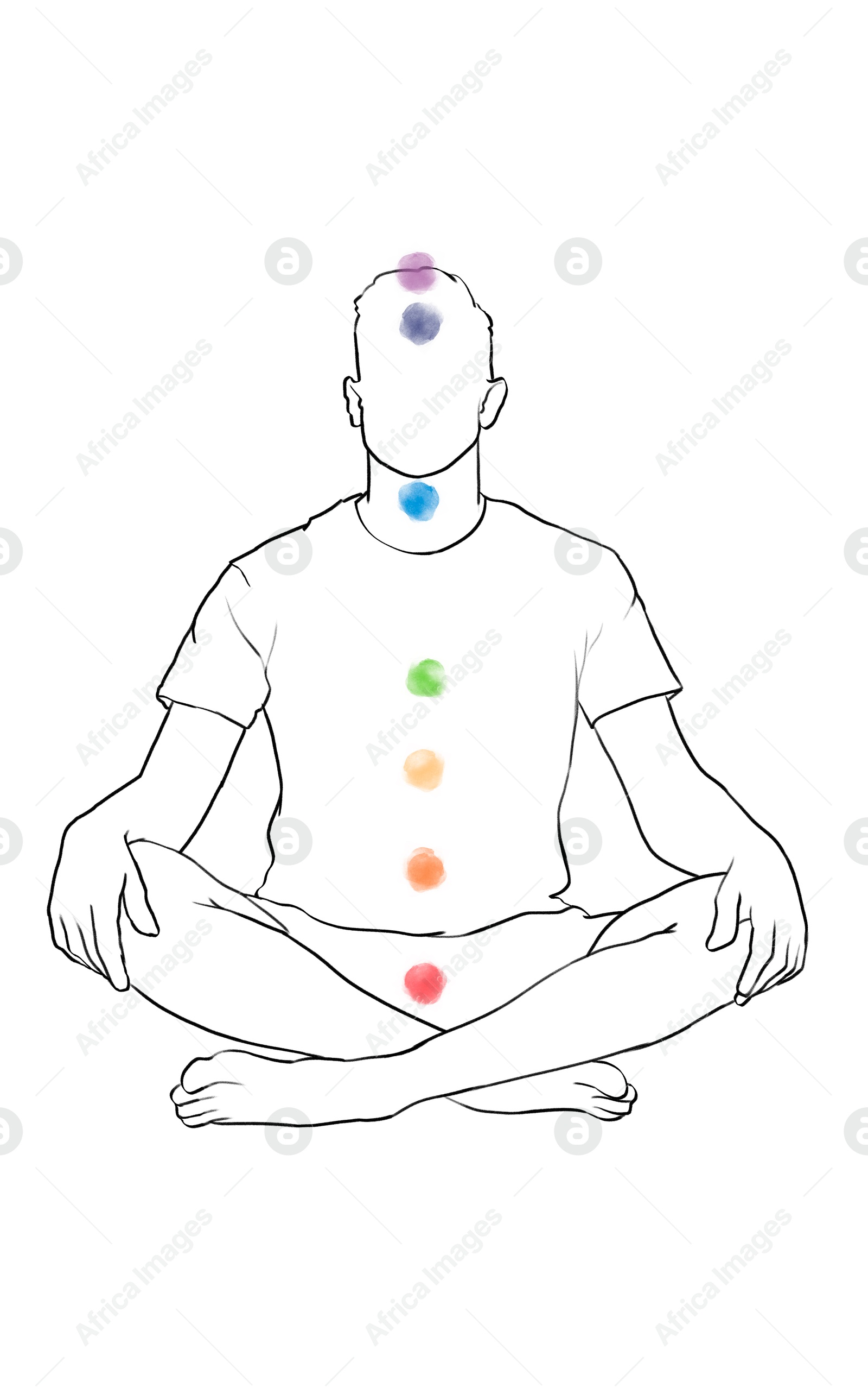 Chakras location in body. Silhouette of man in Lotus position on white background, illustration Illustration of Chakras location in body. Silhouette of man in Lotus position on white background, illustration