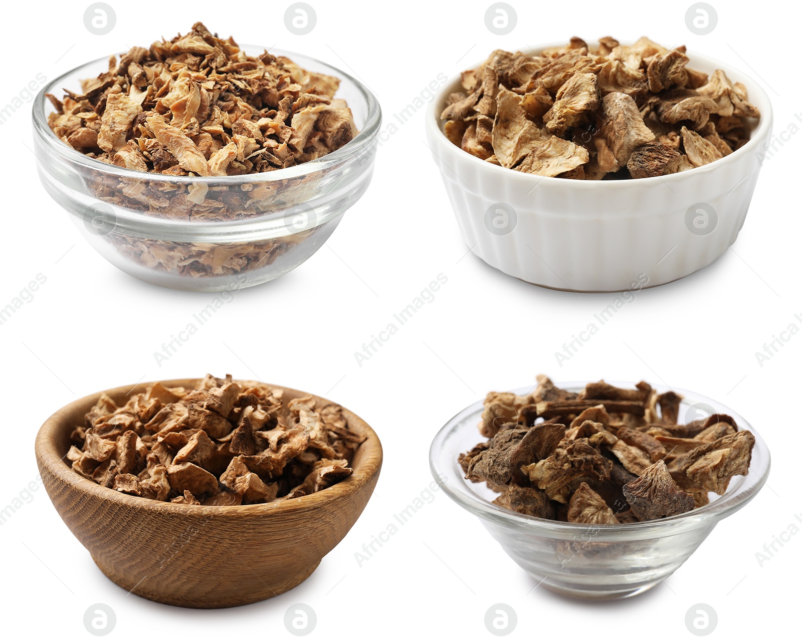 Image of Pieces of dry chicory root in bowls isolated on white, set
