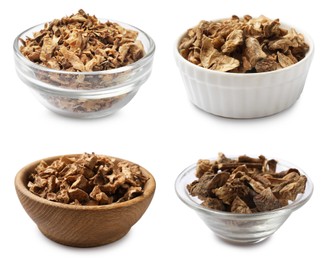 Image of Pieces of dry chicory root in bowls isolated on white, set