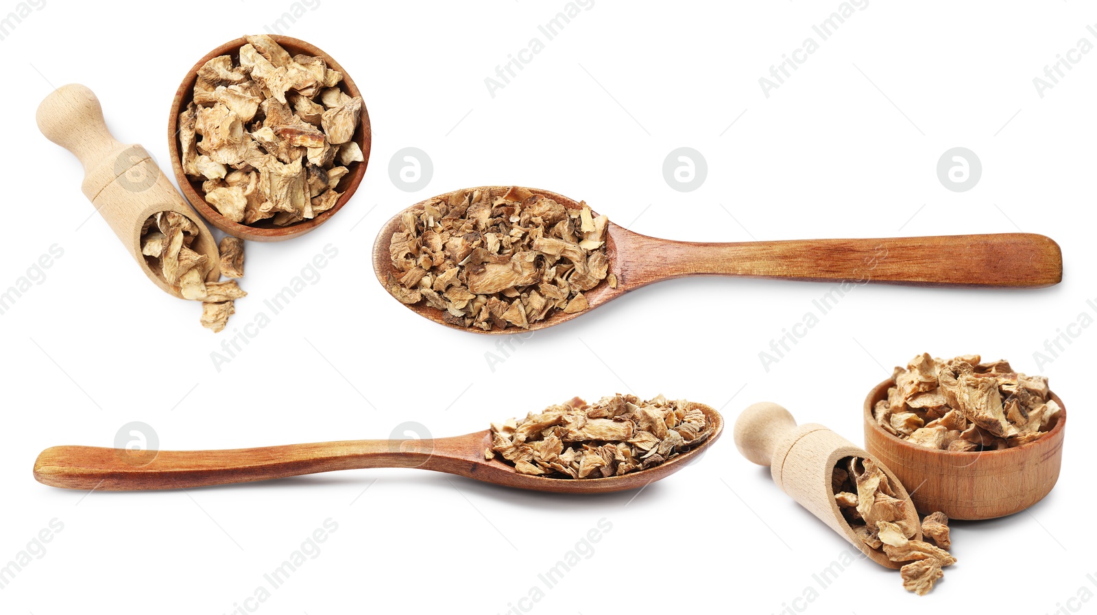 Image of Chicory. Dry pieces of root isolated on white, set